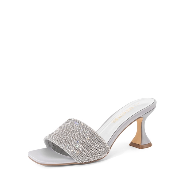 Rhinestone Flared Heel Sandals - SILVER -  0
